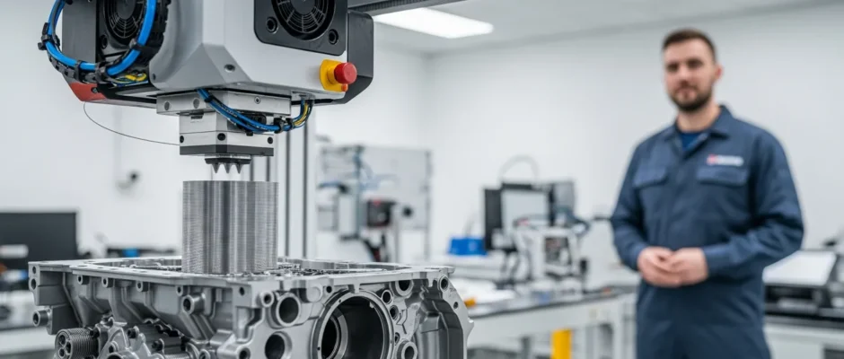 A high-tech industrial 3d printing technology machine constructing a complex metal component in a factory.