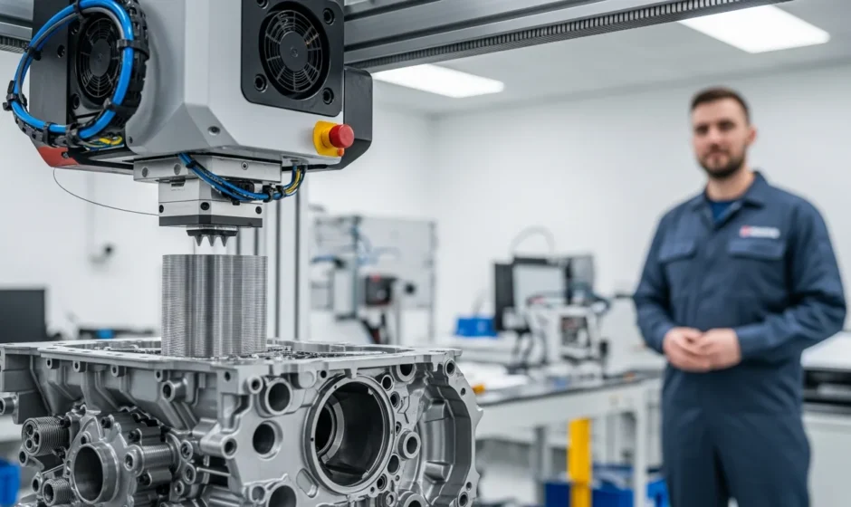 A high-tech industrial 3d printing technology machine constructing a complex metal component in a factory.