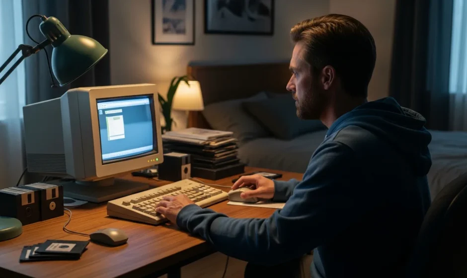 Nostalgic setup featuring a bulky CRT monitor and keyboard used for playing 90s computer games in a home office.