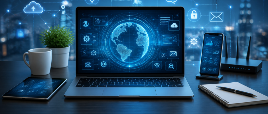 A conceptual diagram showing the three pillars of Applied Computer Technologies: Academic Education (B.S. degrees), Business Productivity (automation and cloud), and Professional IT Services (network infrastructure and cybersecurity).