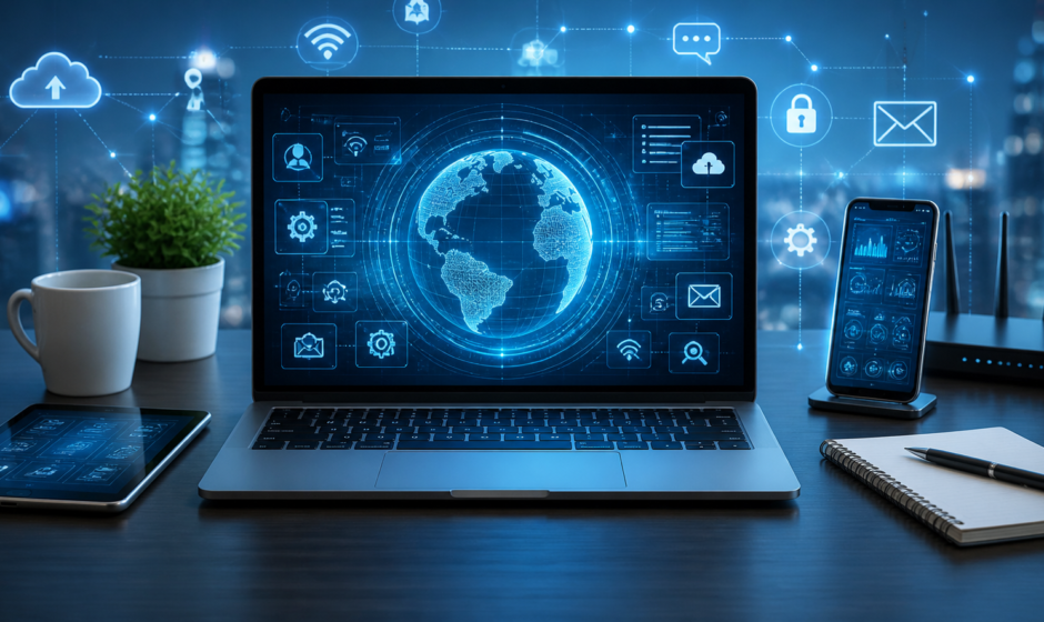 A conceptual diagram showing the three pillars of Applied Computer Technologies: Academic Education (B.S. degrees), Business Productivity (automation and cloud), and Professional IT Services (network infrastructure and cybersecurity).