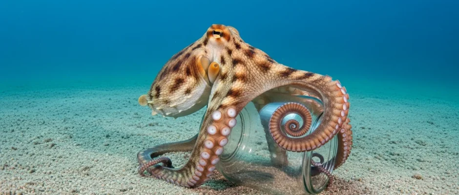 A close-up of a common octopus solving a puzzle to demonstrate are octopus smart and highly cognitive.