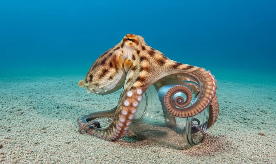 A close-up of a common octopus solving a puzzle to demonstrate are octopus smart and highly cognitive.