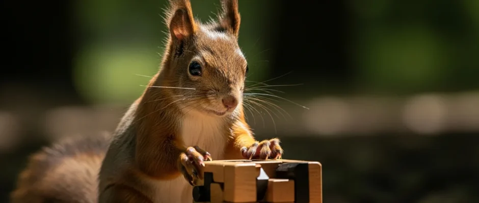 A clever squirrel navigating a complex wooden obstacle course, showing how smart squirrels are.