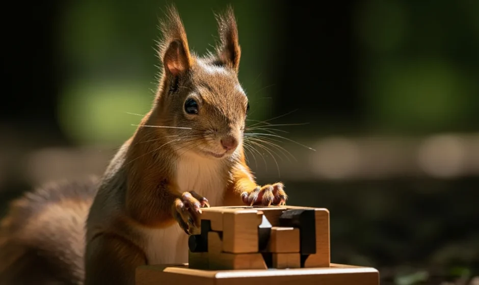 A clever squirrel navigating a complex wooden obstacle course, showing how smart squirrels are.