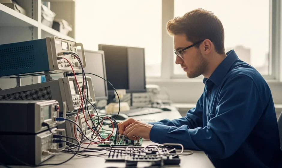 A male student working in a high-tech lab at one of the best computer engineering schools for 2026.