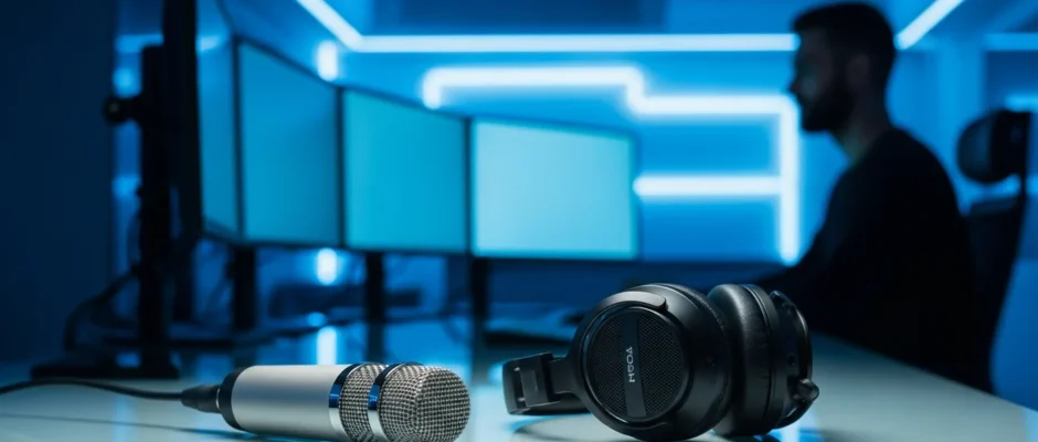 Professional listening to the best technology podcasts 2026 with premium headphones in a high-tech office setting.