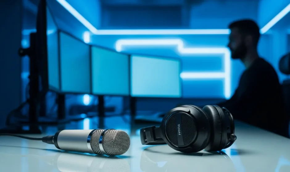 Professional listening to the best technology podcasts 2026 with premium headphones in a high-tech office setting.