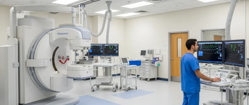 A male student training at a cath lab tech school using advanced cardiovascular imaging equipment.