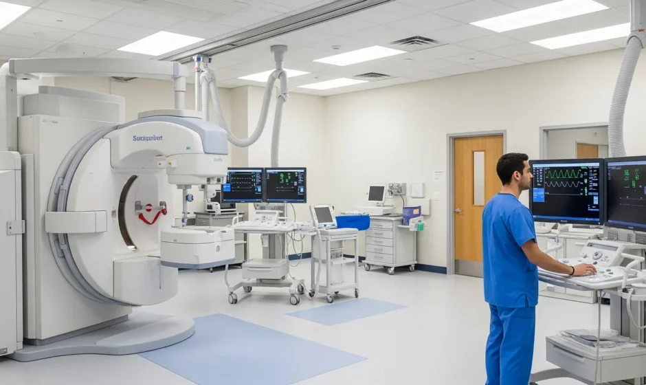 A male student training at a cath lab tech school using advanced cardiovascular imaging equipment.