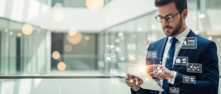 A professional man managing digital business data via cloud technology services in a modern office setting.