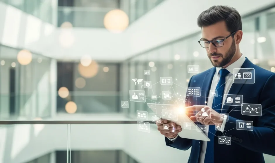 A professional man managing digital business data via cloud technology services in a modern office setting.
