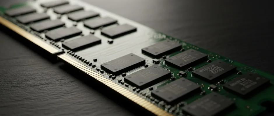 A close-up view of a computer memory unit RAM stick showing the internal chips and gold contact points.