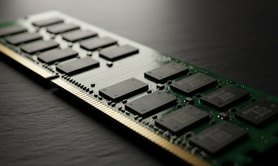 A close-up view of a computer memory unit RAM stick showing the internal chips and gold contact points.