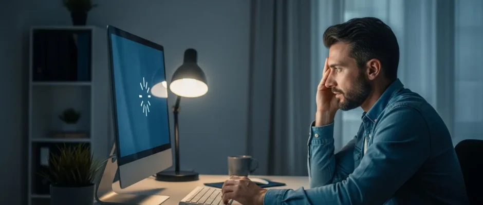 A frustrated man troubleshooting a desktop computer stuck restarting in an infinite boot loop.