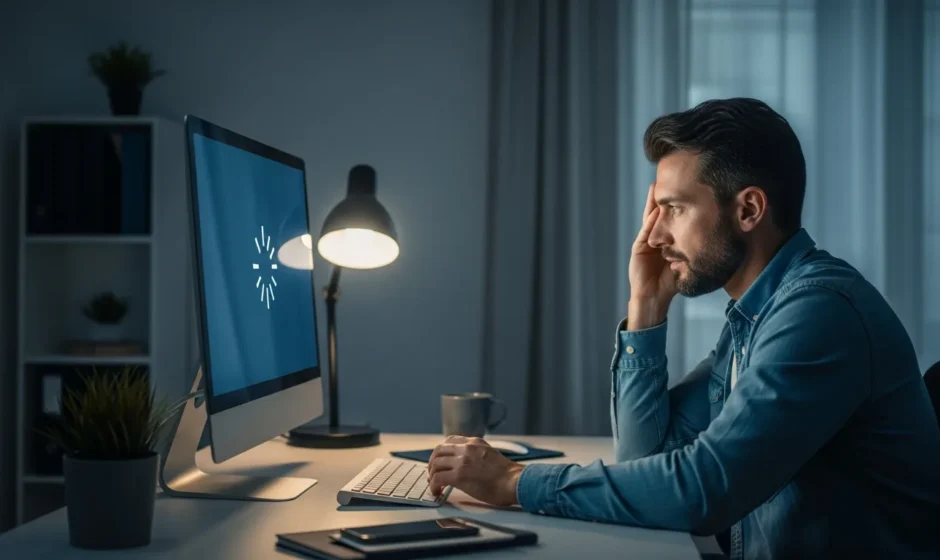 A frustrated man troubleshooting a desktop computer stuck restarting in an infinite boot loop.