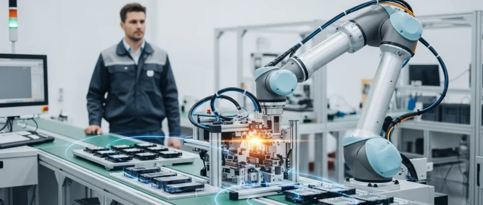 Industrial manufacturing line utilizing computer vision solutions for automated quality control and efficiency.