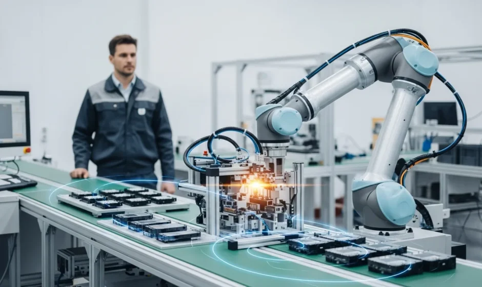 Industrial manufacturing line utilizing computer vision solutions for automated quality control and efficiency.