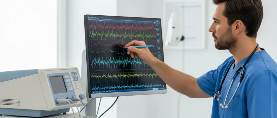 Professional male technician reviewing clinical data for an article on the 2026 eeg tech salary and career outlook.