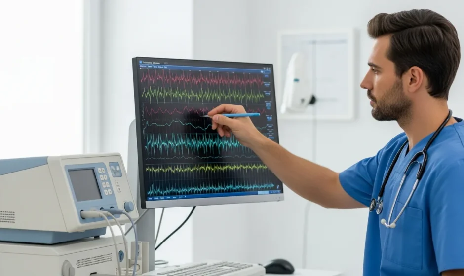 Professional male technician reviewing clinical data for an article on the 2026 eeg tech salary and career outlook.
