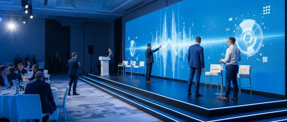 A modern corporate conference utilizing a professional event technology service with interactive LED displays.