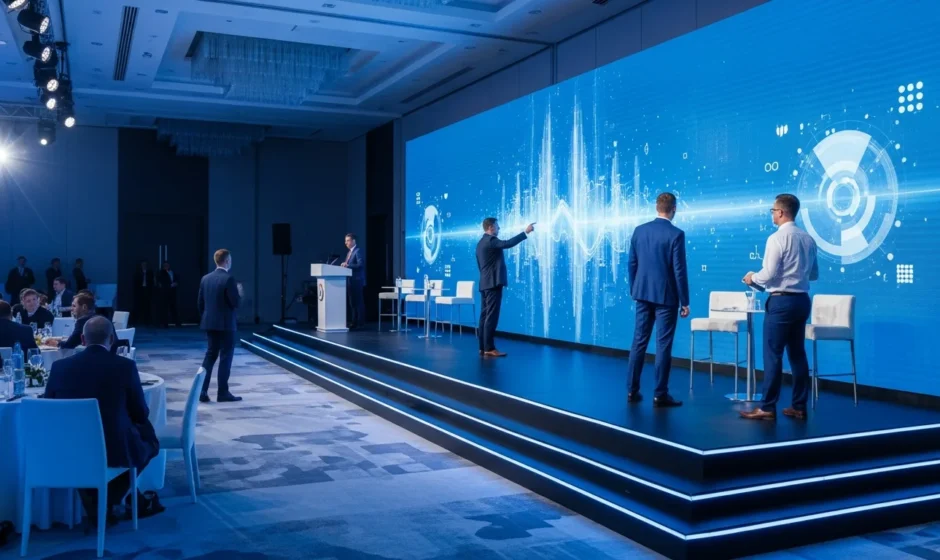 A modern corporate conference utilizing a professional event technology service with interactive LED displays.