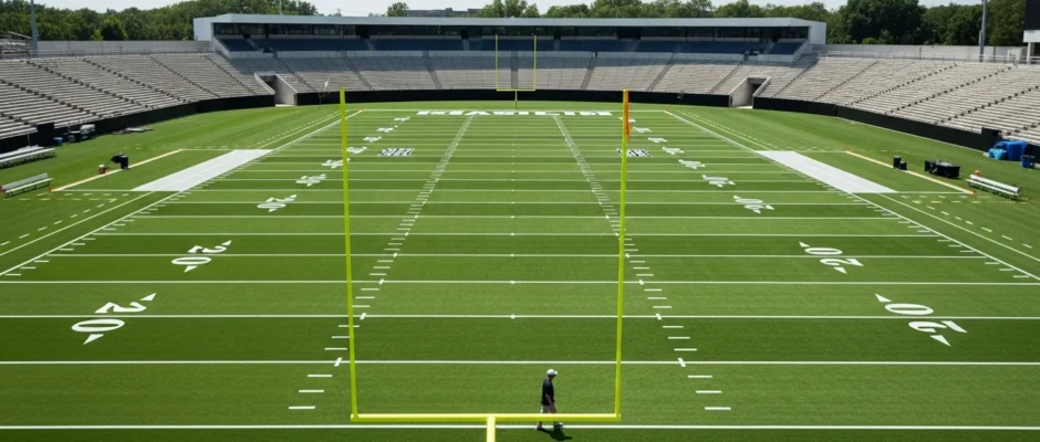 An aerial view illustrating how many acres is a football field with precise boundary lines and green turf.