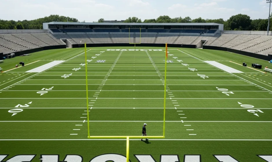 An aerial view illustrating how many acres is a football field with precise boundary lines and green turf.