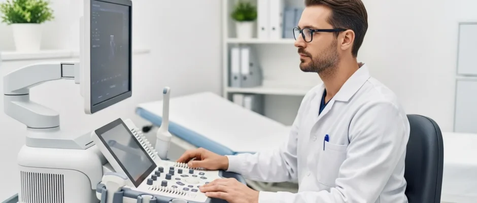 A professional male technician at work, showing how much does ultrasound tech make in 2026.