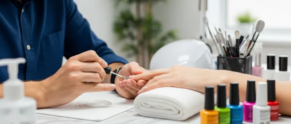 A professional guide on how to become a nail tech featuring a student practicing manicure techniques in a salon.