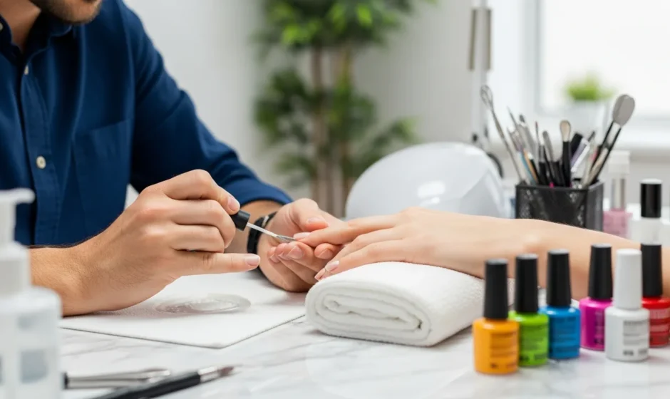 A professional guide on how to become a nail tech featuring a student practicing manicure techniques in a salon.