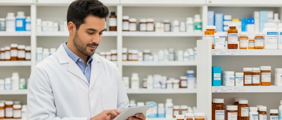 A professional male technician working behind a counter, illustrating how to become a pharmacy tech.