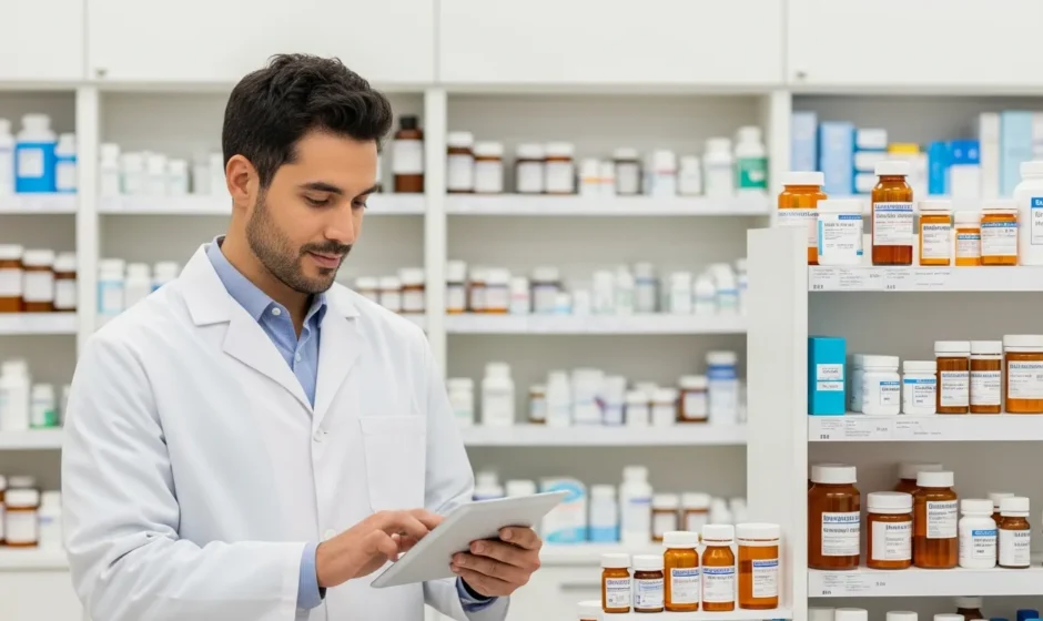 A professional male technician working behind a counter, illustrating how to become a pharmacy tech.