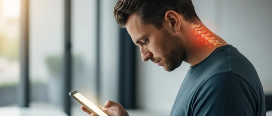 A man using a smartphone with poor posture, showing how to get rid of tech neck through better spine health.