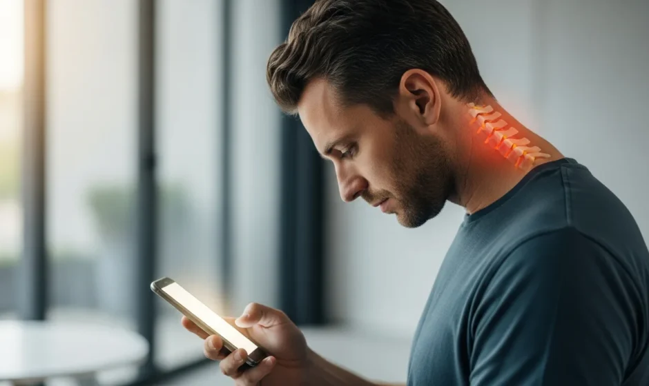 A man using a smartphone with poor posture, showing how to get rid of tech neck through better spine health.