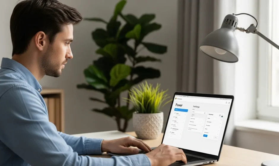 A man adjusting power settings on a laptop to learn how to keep computer from sleeping.