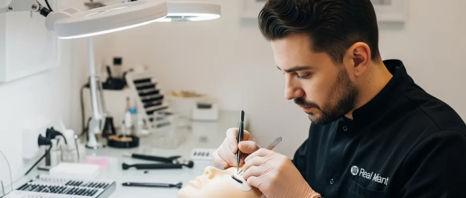 A student practicing precision eyelash application at a professional lash tech school.