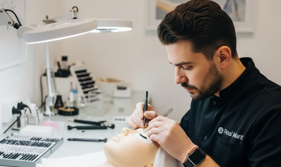 A student practicing precision eyelash application at a professional lash tech school.