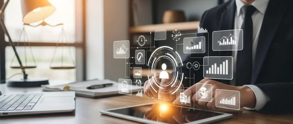 A professional man reviewing automation software trends in the latest legal tech news on a digital tablet.