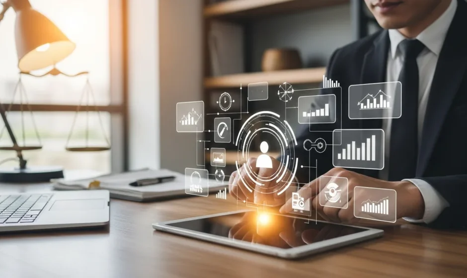 A professional man reviewing automation software trends in the latest legal tech news on a digital tablet.