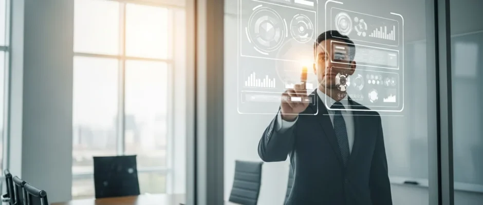 Professional man reviewing cloud data analytics while discussing managed technology services in a modern office.