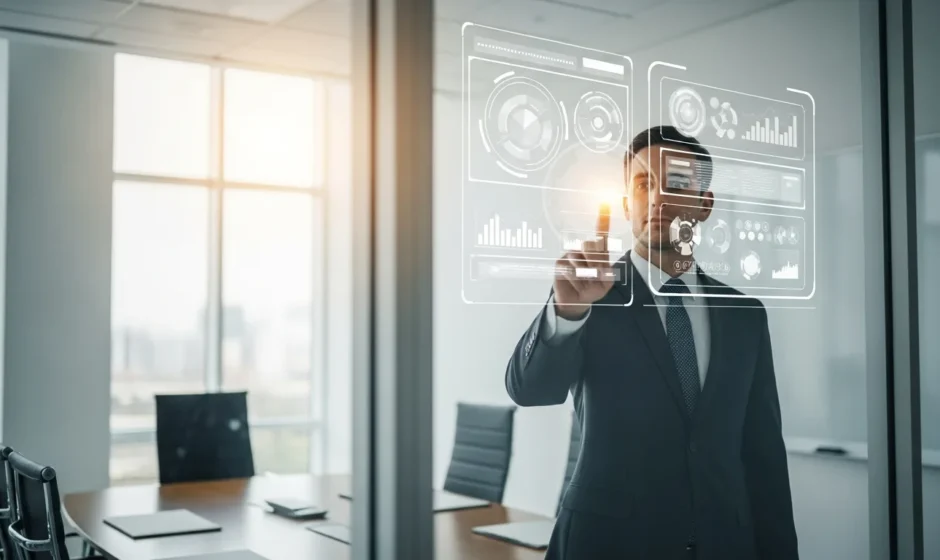 Professional man reviewing cloud data analytics while discussing managed technology services in a modern office.