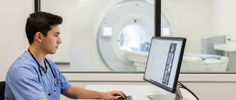 A male student researching the best mri tech programs on a tablet in a modern medical training facility.