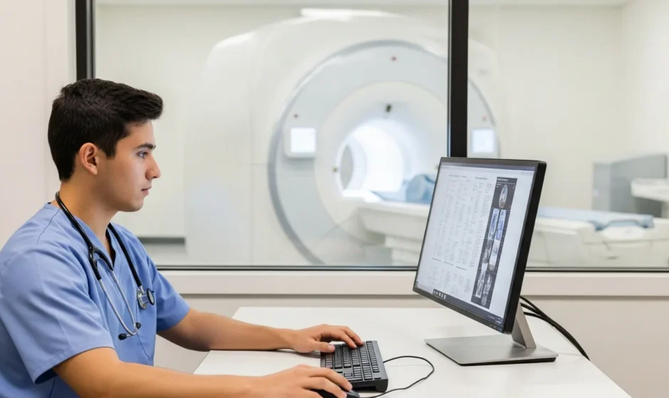 A male student researching the best mri tech programs on a tablet in a modern medical training facility.
