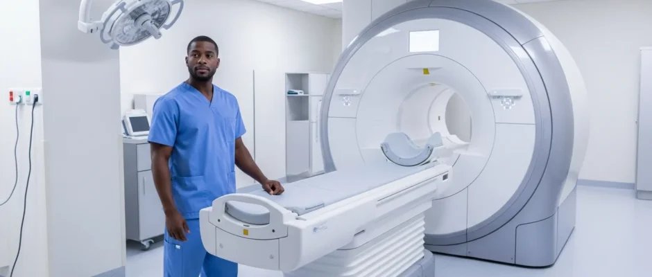 Male technologist operating a modern scanner in a medical facility, illustrating a guide on mri tech salary.