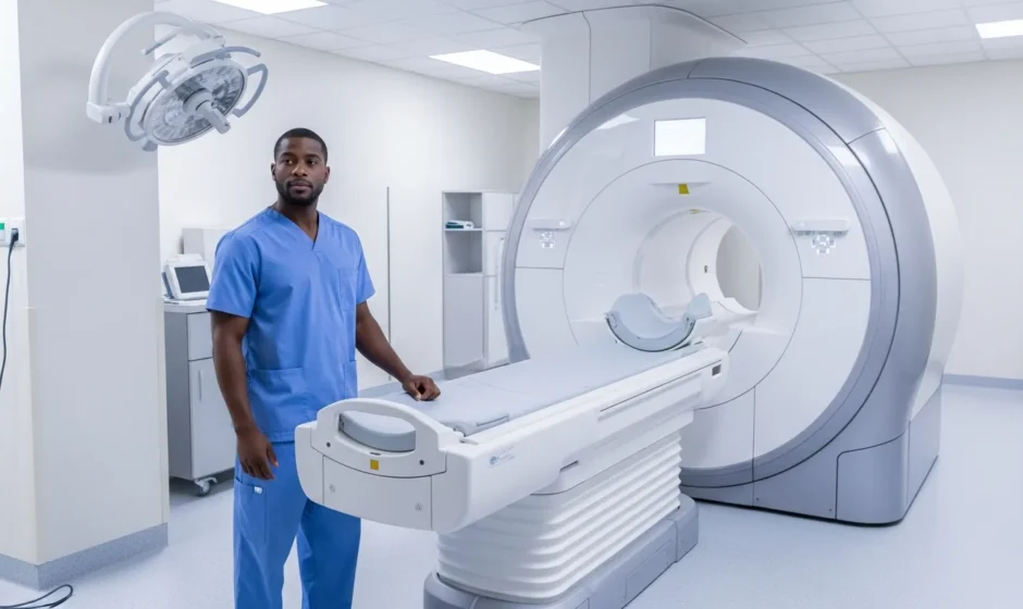 Male technologist operating a modern scanner in a medical facility, illustrating a guide on mri tech salary.