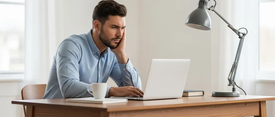 A man looking frustrated at his desk because my computer is running slow and needs performance optimization.