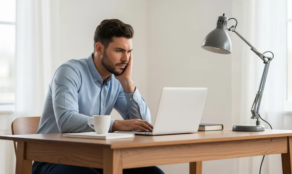 A man looking frustrated at his desk because my computer is running slow and needs performance optimization.