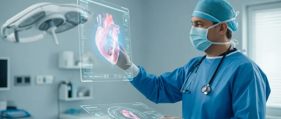 A male doctor using new medical technology to examine a 3D holographic heart scan in a futuristic 2026 hospital.