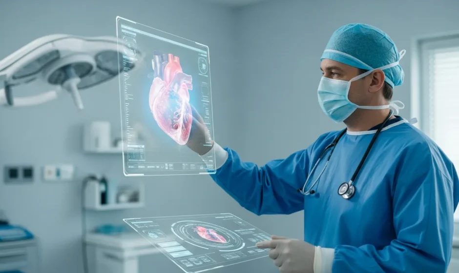 A male doctor using new medical technology to examine a 3D holographic heart scan in a futuristic 2026 hospital.
